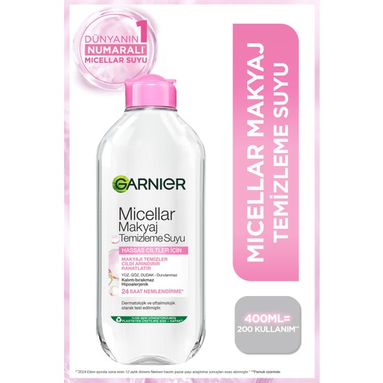 Garnier Micellar Makyaj Temizleme Suyu 400ML, 24 Saat Nemlendirme, Hassas Ciltler için
