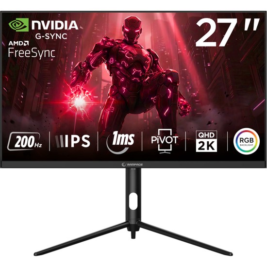 Rampage Glacier GL27R200Q 27 200Hz 1ms Fast IPS Qhd 2k Adaptivesync Rgb Pivot Siyah Flat Oyuncu Monitörü