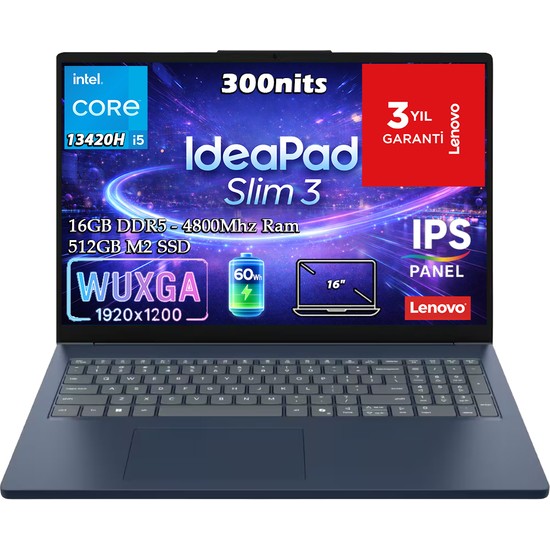 Lenovo Ideapad Slim 3 16IRH10 Intel Core I5-13420H 16GB 512GB SSD 16" WUXGA (1920X1200) IPS Panel Freedos Taşınabilir Bilgisayar 83K20009TR