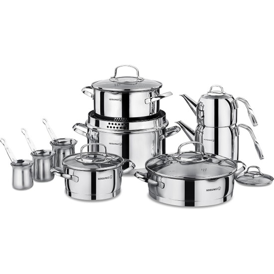 Korkmaz Steama 15 Parça Çelik Çeyiz Seti Inox Kaplama Derin Tencereler ve Pilav Tencereleri