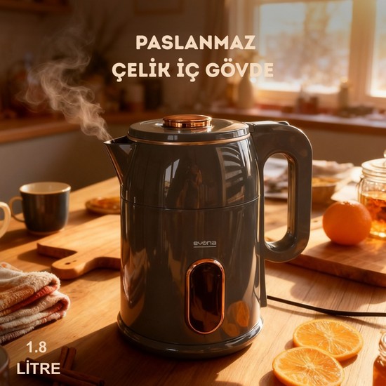 Evona Kettle Gri Su Isıtıcısı 1.8 litre Kapasite & Paslanmaz Çelik & LED Gösterge Işıklı Caldera