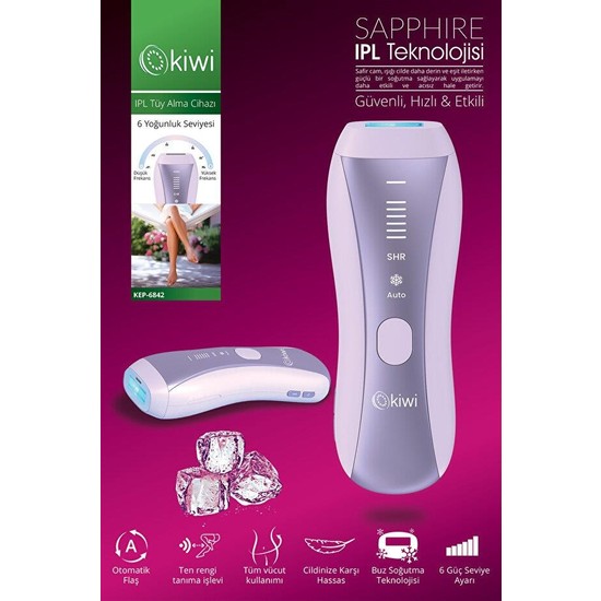Kiwi KEP-6842 Mor IPL Lazer Epilasyon Safir Buz Soğutma Özellikli Acısız Cilt Temas Sensörü