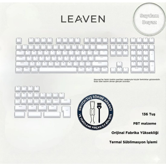 Leaven Mekanik Klavye Keycap 136 Tuşlu Kablosuz Oyun İçin Yarı Saydam Beyaz Tuş Takımı