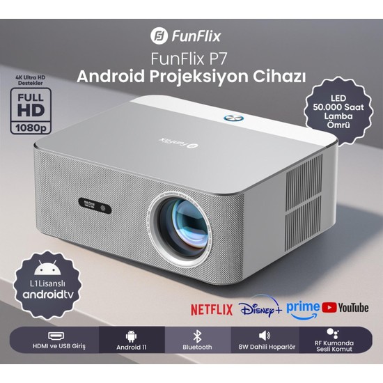 Funflix P7 Android 4K Destekli LED Full Hd Projeksiyon Cihazı, Lisanslı Android Tv, Bluetooth, 8W Hoparlör, 7000 Lümen