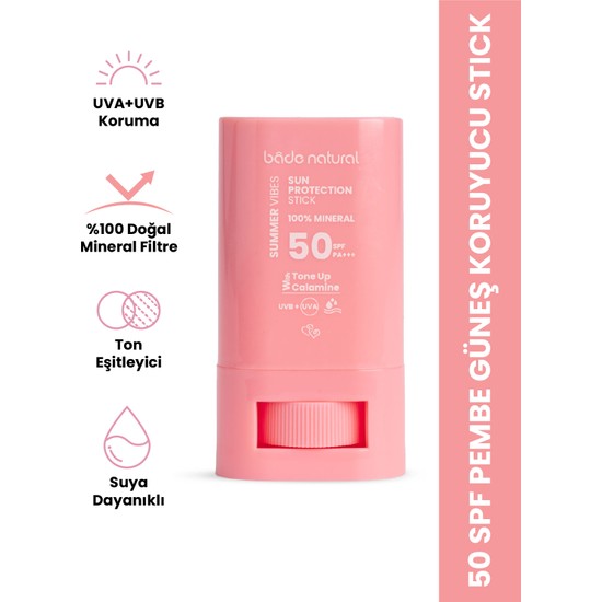 Bade Natural 50 Spf Ton Eşitleyici ve Cilt Aydınlatıcı Pembe Yüksek Korumalı Güneş Koruyucu Stick 16g