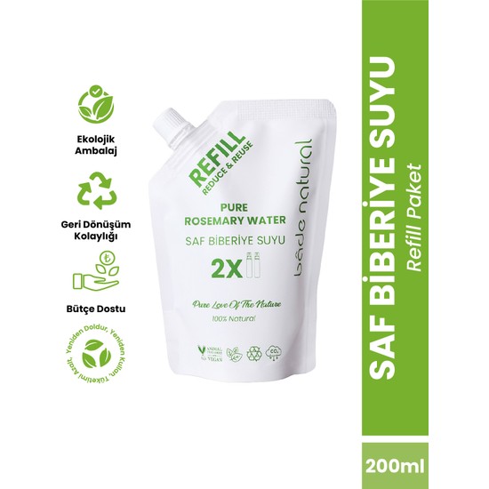 Bade Natural Refill Biberiye Suyu Güçlendirici Saç Toniği 200 ml Doğal Malzeme ile Sürdürülebilir