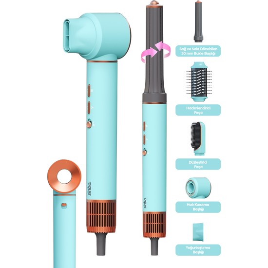 Sinbo SHD-1729 5in1 Compact Multi-Styler 1300W Güçlü Saç Kurutma & Şekillendirme Makinesi Mavi