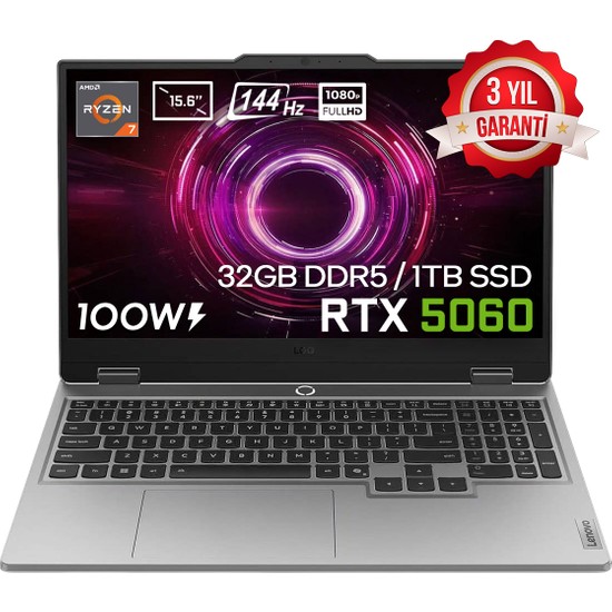 Lenovo LOQ 15AHP10 AMD Ryzen 7 250 32GB DDR5 1TB SSD RTX 5060 8GB 100W 15.6 inç Full HD 144Hz IPS FreeDos Gaming Laptop (83JG008UTRv2)