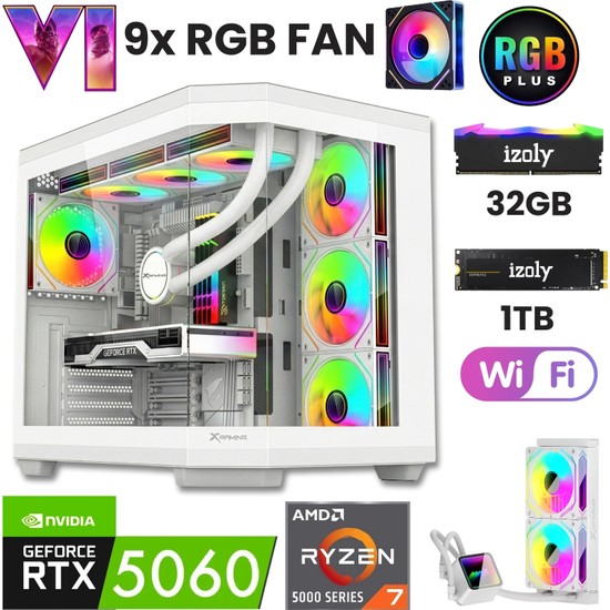 İzoly T52-White Ryzen 7 5700X 32GB 1TB M.2 NVME RTX 5060 8GB 240mm Sıvı Soğutma Oyuncu Oem Seti