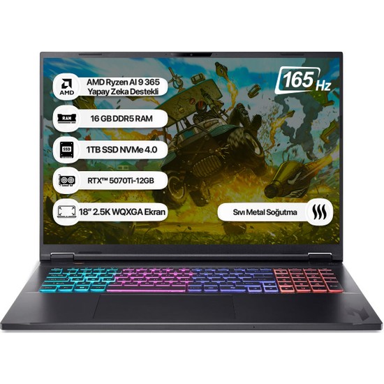 Acer Nitro 18 NH.QYFEY.001 Ryzen AI 9 365 16GB 1tb SSD RTX5070Ti-12GB 165Hz 18 inç WQXGA FreeDOS Taşınabilir Bilgisayar