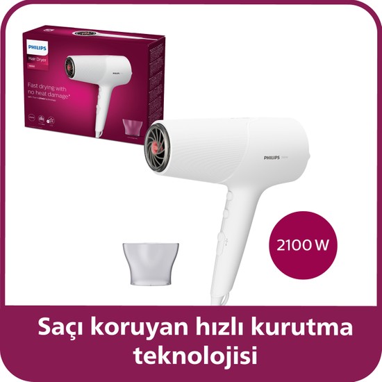 Philips 5000 Serisi Saç Kurutma Makinesi, 2100w, ThermoShield teknolojisi, İyonik Bakım, BHD500/00