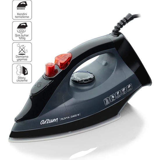 Arzum AR684 Olivya Buharlı Ütü 2400W, Seramik Taban, Dikey Buhar, Şok Buhar, Damlama Önleme, Siyah