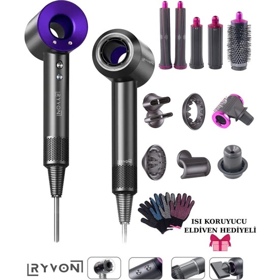 RYVON Saç Kurutma ve Şekillendirici Full Set 12IN1 1500 W 4 Kademe Isı Ayarı ile Kırmızı ve Mor