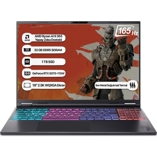 Acer Nitro 18 AMD Ryzen AI 9 365 32GB 1TB SSD RTX5070 Freedos 18" 165Hz Taşınabilir Bilgisayar NH.QYJEY.002