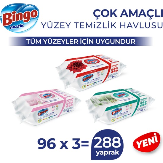 Bingo Yüzey Temizleme Havlusu Sevilen Kokular Lovely&mutlu Yuvam&ferah Evim 96 Adetx3 (288 Yaprak)
