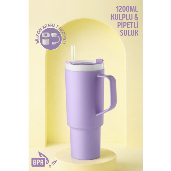 Ny Home Büyük Boy, Kulplu ve Pipetli 1200ML. Suluk & Matara - Silikon Aparat Hediyeli Mor