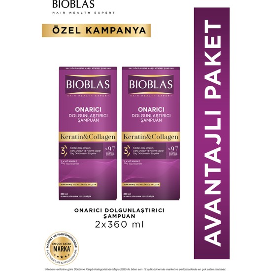 Bioblas Keratin & Kolajen Onarıcı Dolgunlaştırıcı Saç Bakım Şampuanı 2 x 360 ml Ince ve Yıpranmış Saçlar