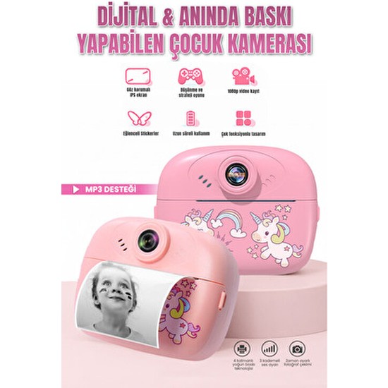 Omaze Pembe Dijital Fotoğraf Makinesi Baskı Özellikli Çocuk Kamera Video Makinesi 64 GB Depolama