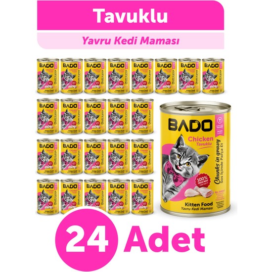 Bado Yavru Kedi Yaş Maması 400 gr Tavuk Etli Süper Premium 24 Adet Besleyici İçerik