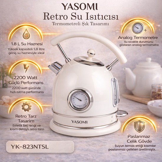Yasomi YK-823NTSL 2200W 360° Döner Taban Kablosuz Kullanım Retro Su Isıtıcı Kettle