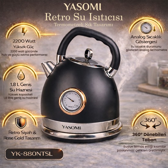 Yasomi YK-880ST 2200W 360° Döner Taban Kablosuz Kullanım Retro Su Isıtıcı Kettle