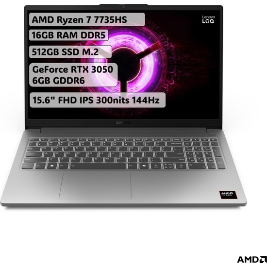 Lenovo LOQ Essential AMD Ryzen 7 7735HS 16GB 512GB SSD RTX3050 Freedos 15.6" FHD 144Hz Taşınabilir Bilgisayar 83S00033TR