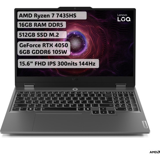 Lenovo LOQ AMD Ryzen 7 7435HS 16GB 512GB SSD RTX4050 Freedos 15.6" Taşınabilir Bilgisayar 83JC006BTR