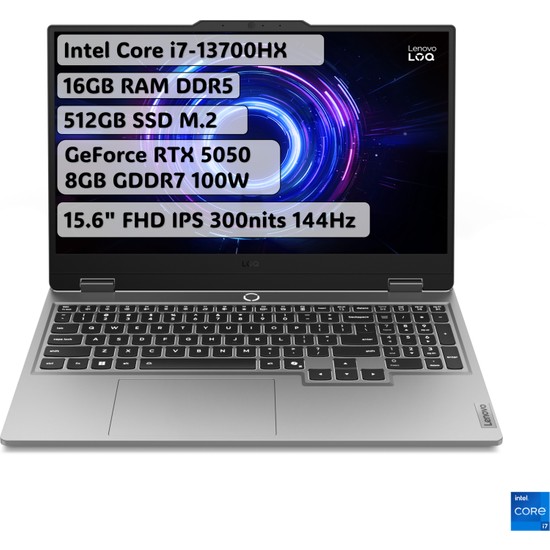 Lenovo LOQ Intel Core i7 13700HX 16GB 512GB SSD RTX5050 Freedos 15.6" Taşınabilir Bilgisayar 83JE00WGTR