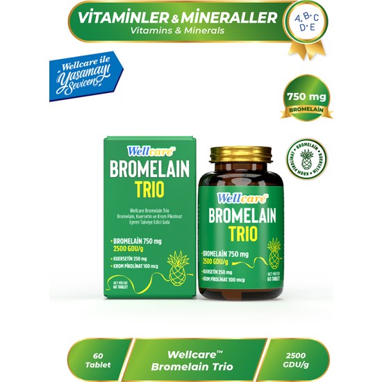 Wellcare Bromelain Trio 60 Tablet 750 mg Ağırlığında Etkili Kullanım Amacı İçin Özel Formül