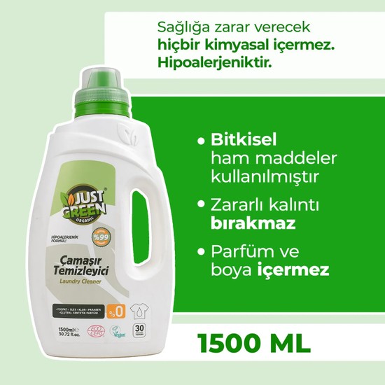 Just Green Organic Bitkisel Çamaşır Deterjanı, %100 Bitkisel, Doğal Ve Güçlü Deterjan, 30 Yıkama, 1500 Ml. Yerli Üretim