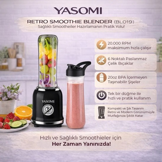 Yasomi BL019 Retro Smoothie Blender Siyah (Yasomi Türkiye Garantili)