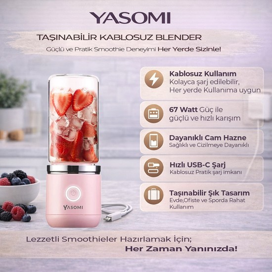 Yasomi Taşınabilir Kablosuz Şarjlı Cam Kişisel Blender Pembe (Yasomi Türkiye Garantili)