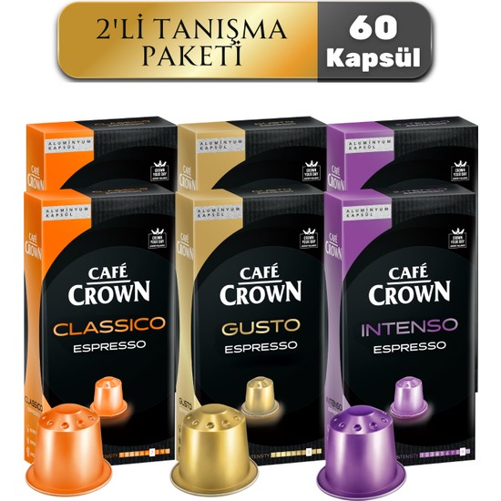 Cafe Crown Kapsül Kahve 2'li Tanışma Paketi 60 Kapsül (Nespresso Uyumlu Alüminyum Kapsül Kahve)