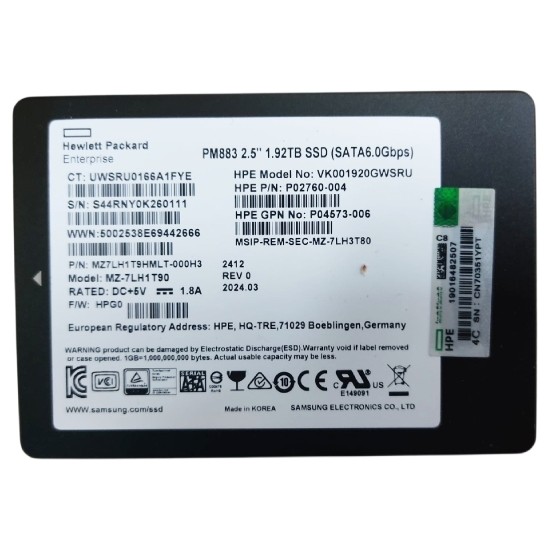 HPE PM883 1.92TB 6G Sata 2.5" Server Sunucu SSD MZ-7LH1T90 MZ27LH1T9HMLT-000H3 VK001920GWSRU P02760-004 P04573-006