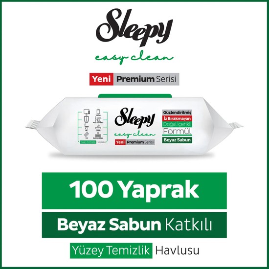 Sleepy Easy Clean Premium Beyaz Sabun Katkılı Yüzey Temizlik Havlusu Mendili 100 Yaprak