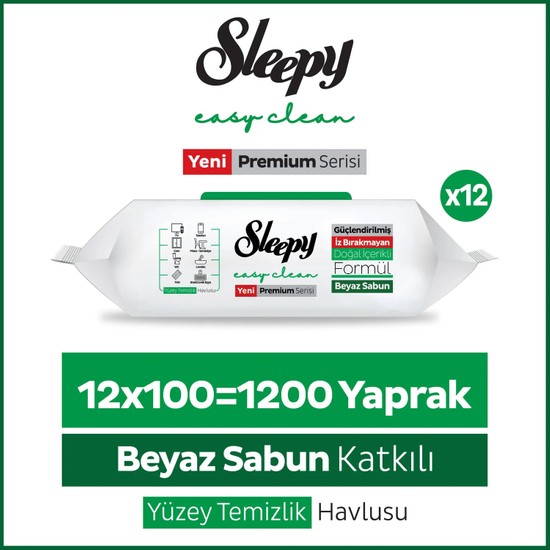 Sleepy Easy Clean Premium Beyaz Sabun Katkılı Yüzey Temizlik Havlusu Mendili 12x100 (1200 Yaprak)