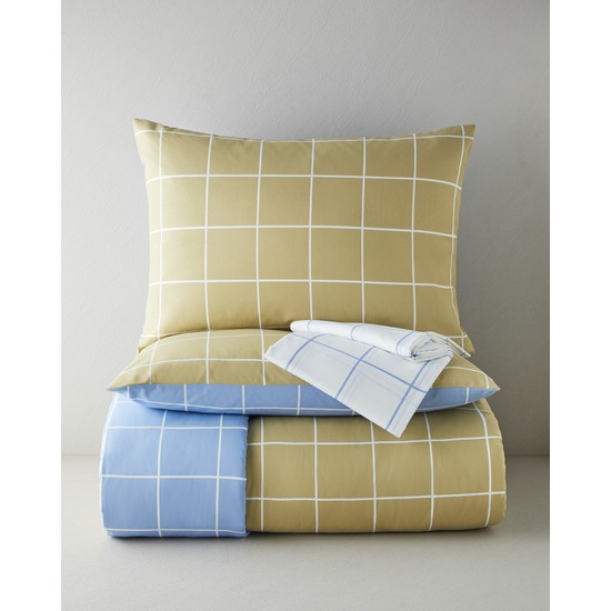English Home Gridline Kolay Ütülenir Çarşaflı Çift Kişilik Nevresim Takımı 200x220 cm Yağ Yeşili- Mavi
