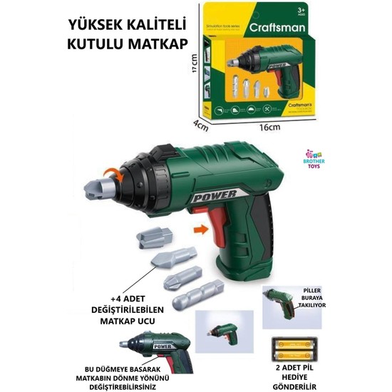 Brother Toys Oyuncak Pilli Kaliteli Matkap Tamir Seti Yeşil Renk 17 Cm.