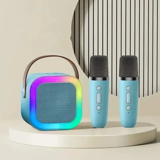 TeknolojiSA K12 Rgb Işıklı Mini Karaoke Seti Bluetooth Hoparlör Çift Mikrofonlu Ses Değiştirme Özellikli