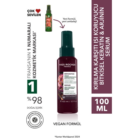 Yves Rocher Kırılma Karşıtı Isı Koruyucu Bitkisel Keratin Arjinin Serum - Yıpranmış Saçlar / Reparation -Vegan -100ML
