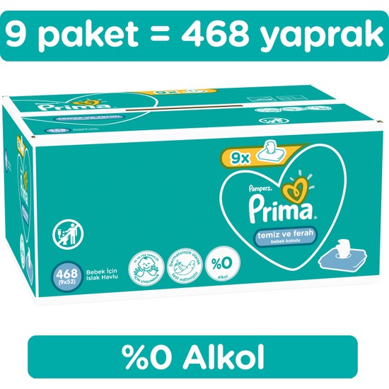 Prima 468 Yaprak 9'lu Islak Havlu Mendil Temiz ve Ferah Alkol İçermez Cilt Dostu Ürün