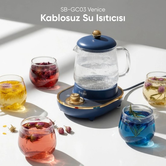 Fressi YSB-GC03 Venice Lacivert 600ml Elektrikli Çok Fonksiyonlu Cam Su Isıtıcısı Kettle Bitki Çayı Makinesi