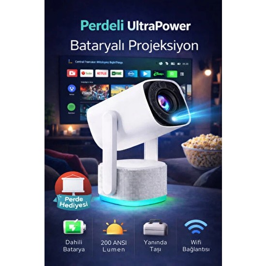 Omaze Powerbank Bataryalı Perdeli Taşınabilir Android Projeksiyon Cihazı Ultra Hd Ev Sinema Projektörü