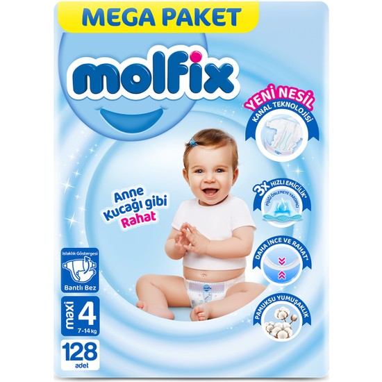 Molfix Bebek Bezi 3D 4 Beden Maxi 7-14 kg 128'li Mega Paket