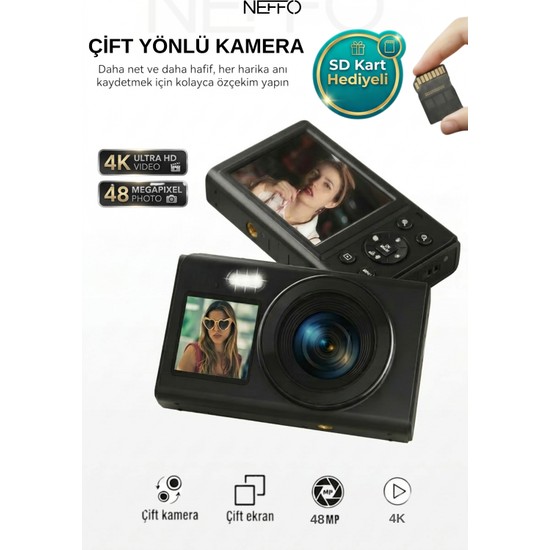 Neffo 48MP Dijital Retro Video Kamera Flaşlı Kart ile Ultra HD Fotoğraf Makinesi