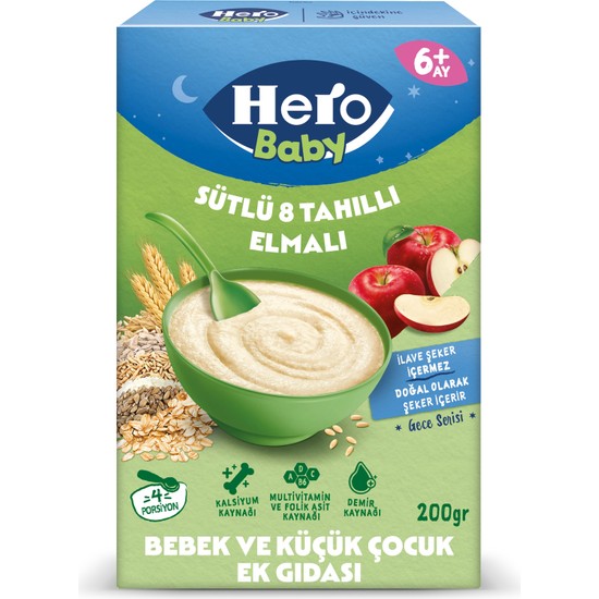 Hero Baby Sütlü 8 Tahıllı Elmalı Kaşık Maması 200g 0-6 Ay İçin Tahıllı Besin Kaynağı