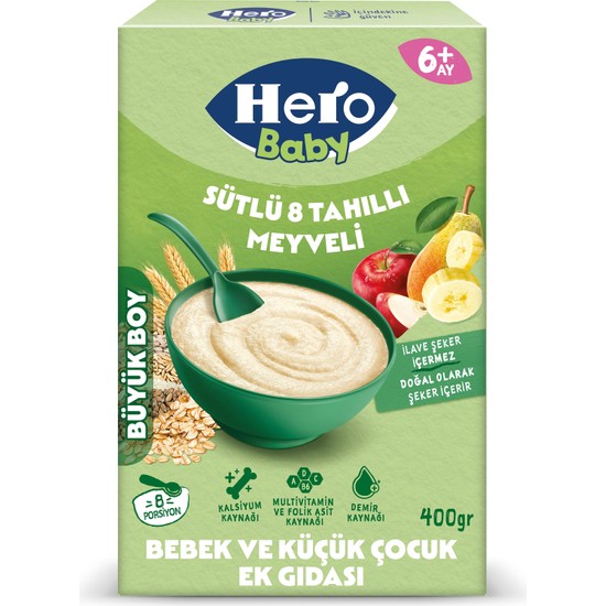 Hero Baby Sütlü 8 Tahıllı Meyveli Kaşık Maması 400 gr 0-6 Ay İçin Besleyici Tahıllı Ürün
