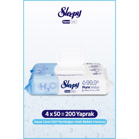 Sleepy aquacare H2O 200 Yaprak Yenidoğan Islak Bebek Havlusu 4X50 Cilt Dostu ve Alkol İçermez