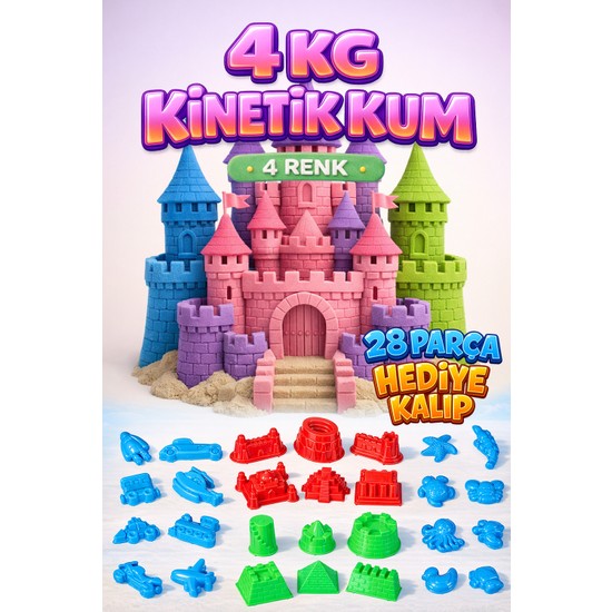 Kinetic Sand 4 kg Kinetik Kum 4 Renk ve 28 Adet Kum Kalıbı - Eğitici ve Öğretici Oyun Kumu Seti