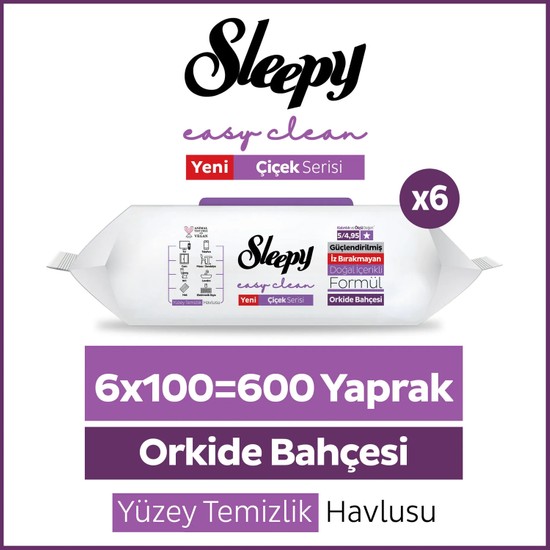 Sleepy Easy Clean Orkide Bahçesi Yüzey Temizlik Havlusu Mendili 6x100 (600 Yaprak)